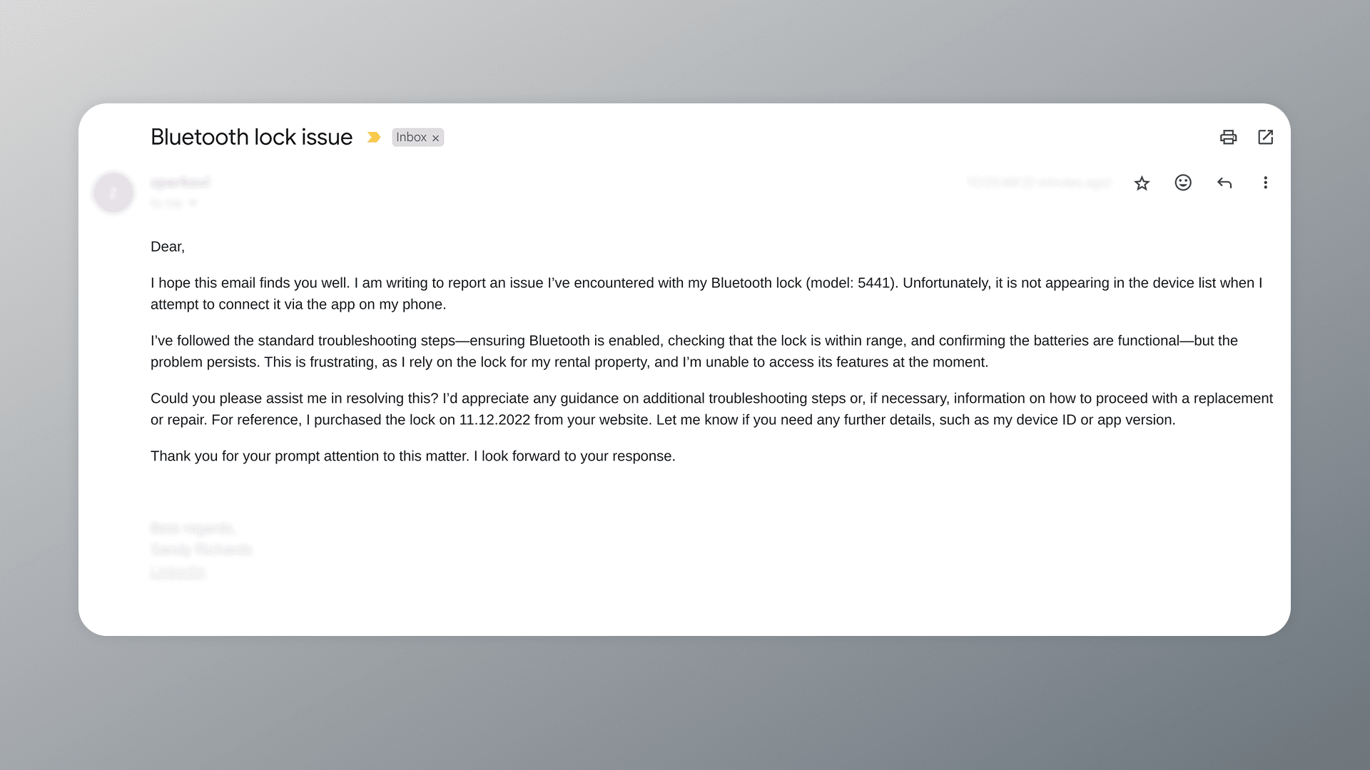 Customer email mentioning lock Bluetooth issue.