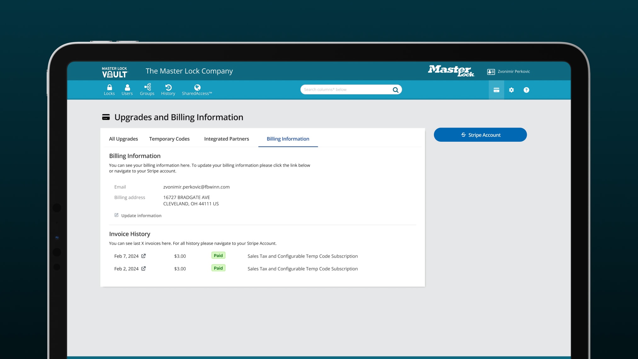 Upgrades and billing information mockup.