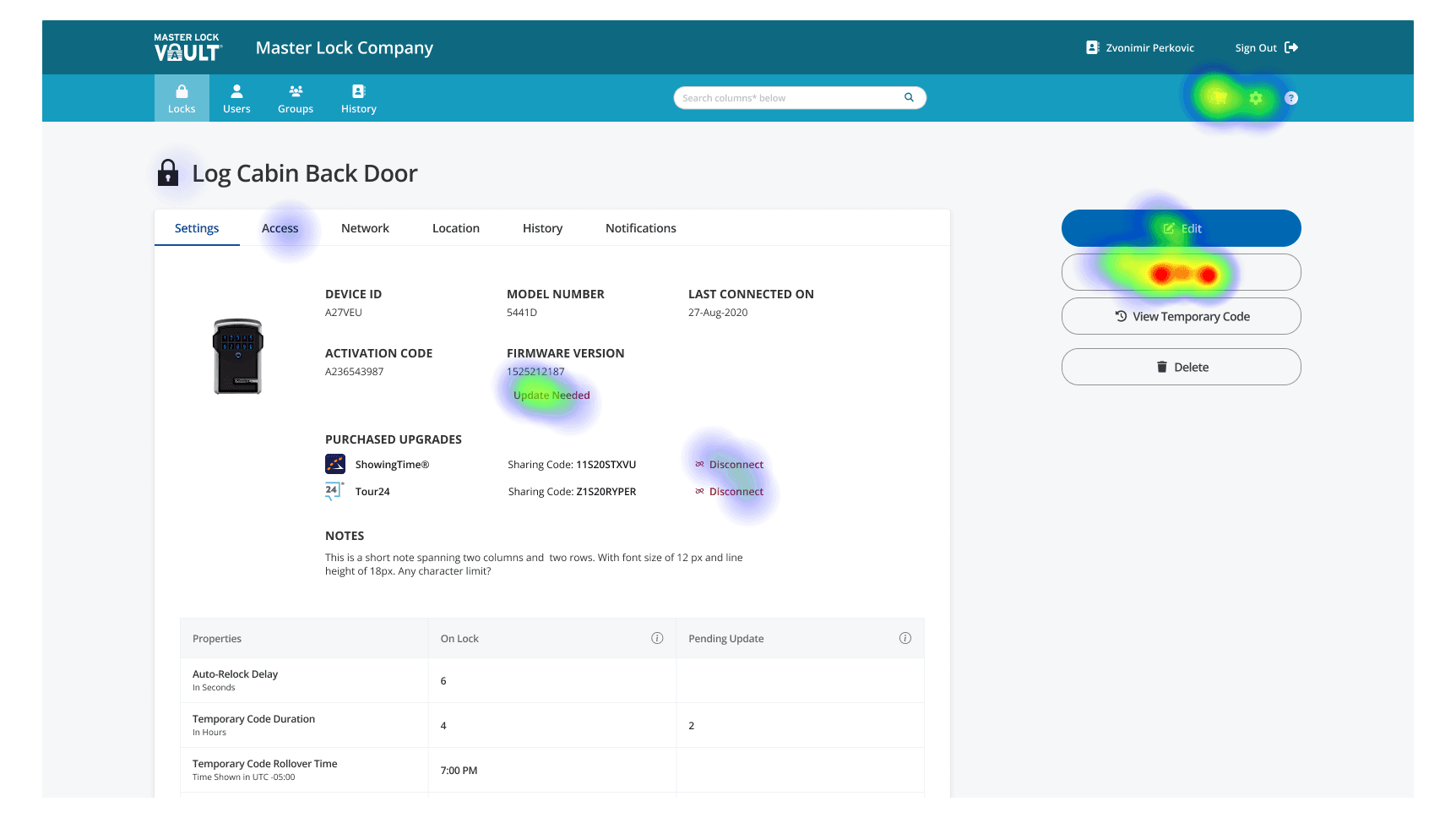An image of heatmap over the product details page showing most of the heat around lock upgrade areas.